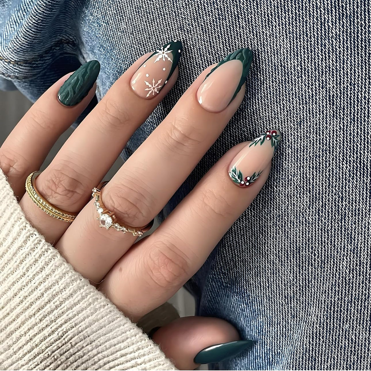 LPOODDNU Christmas press-on nails almond shape with green tips and snowflake design for festive style