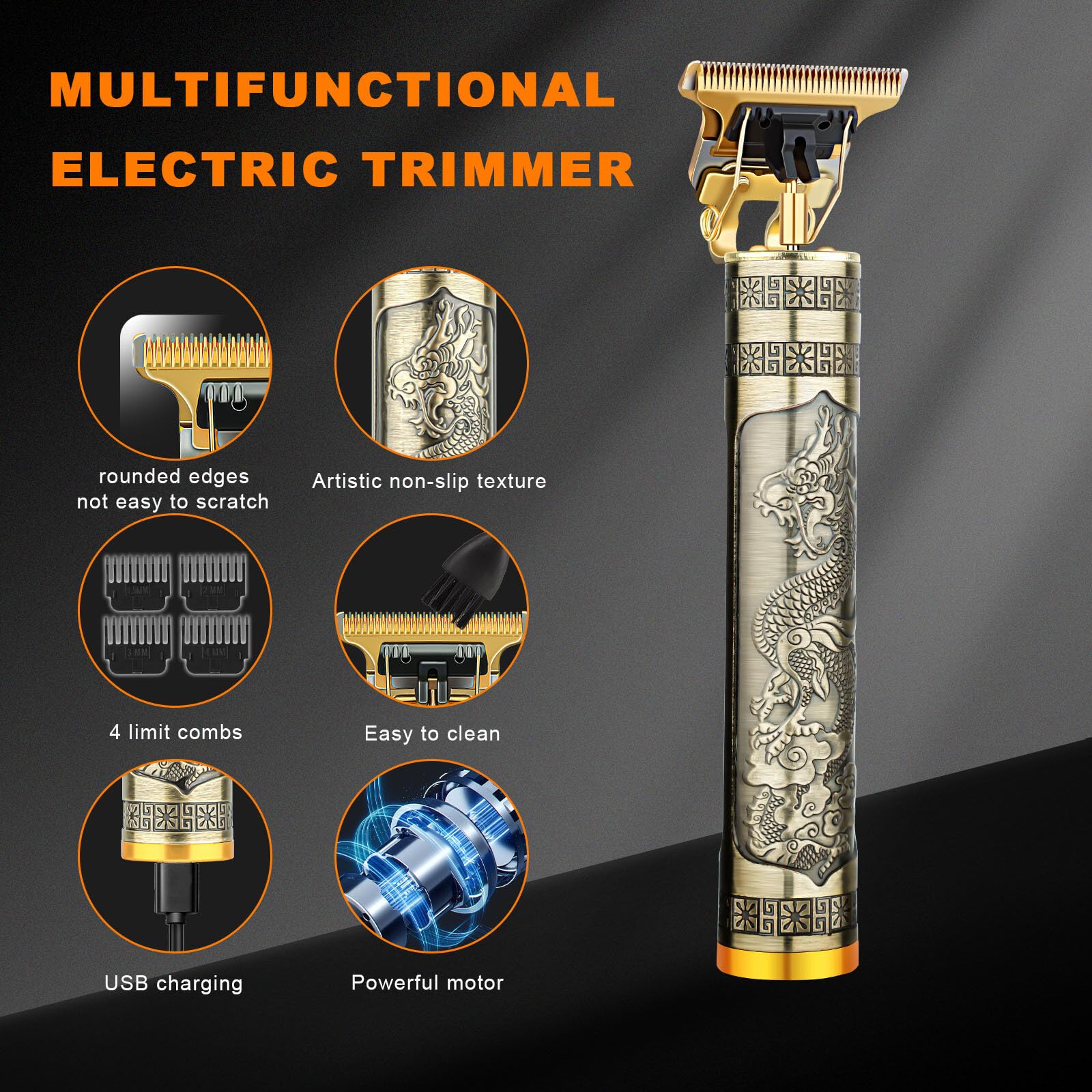 LQT Hair Trimmer displays zero-gap precision length control with four guide combs for styling.