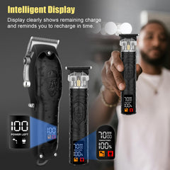LQT Professional Hair Clipper Set Black embossed metal body highlights premium build for durable grooming