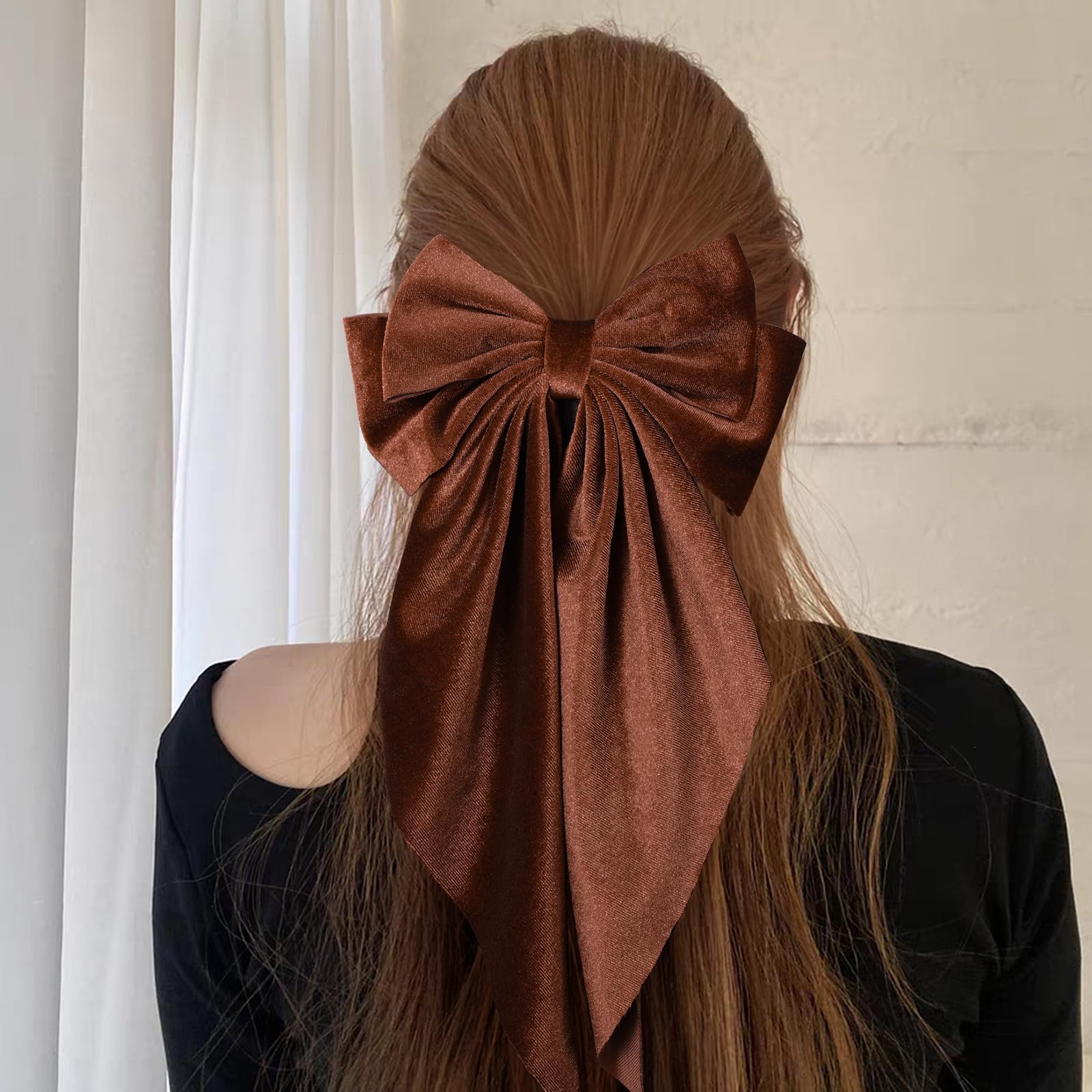 LSVOZ brown velvet hair bow worn by model for fall styling