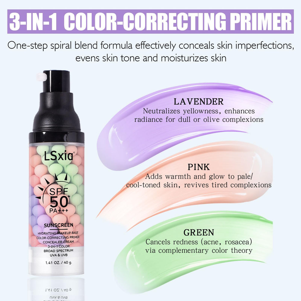 LSxia 3 In 1 Primer color01 swatch shows purple pink green corrections