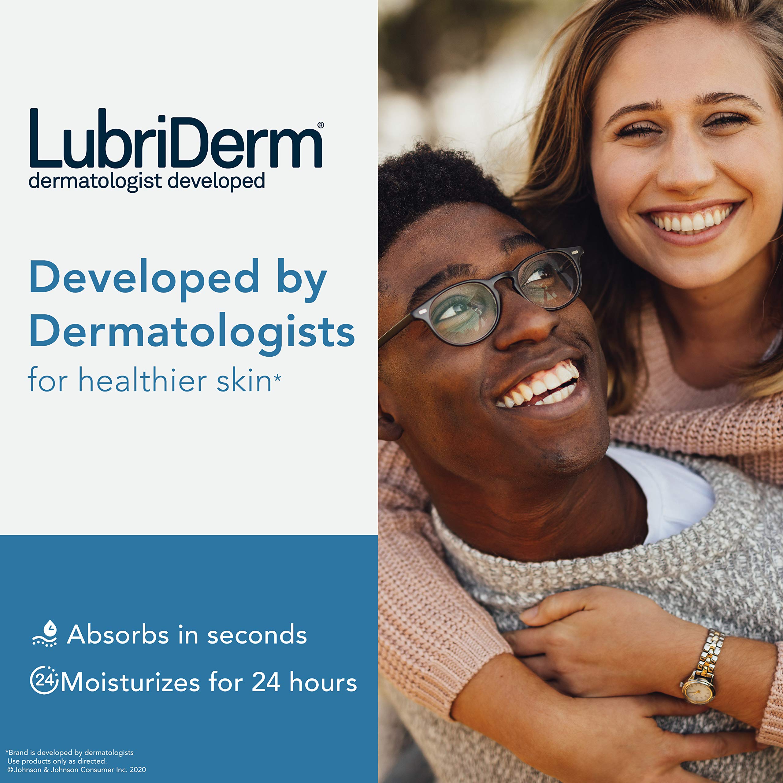 Lubriderm Daily Moisture bottle side — non-greasy hydration that absorbs quickly into skin.