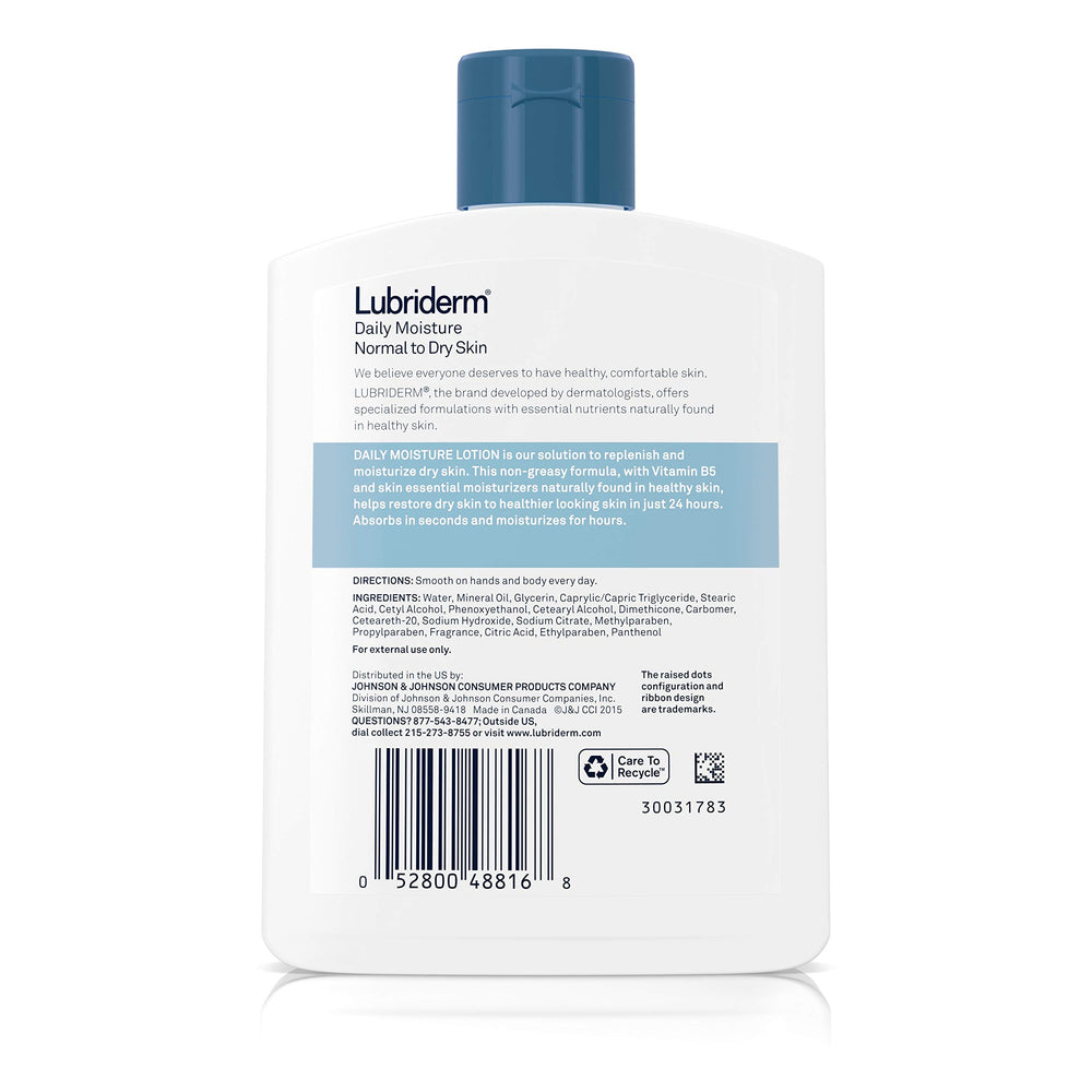 Lubriderm Daily Moisture close-up — creamy texture ready to moisturize body and hands.
