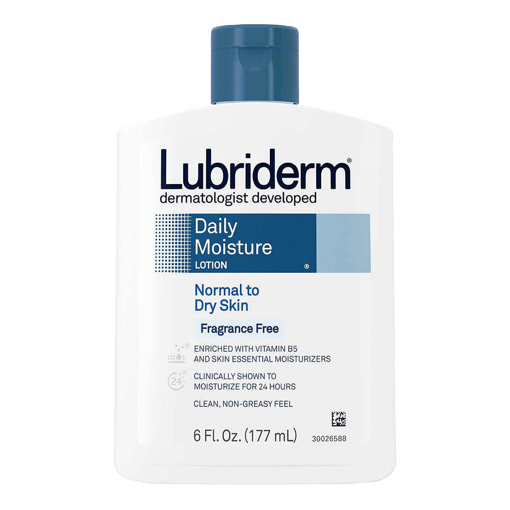 Lubriderm Daily Moisture Lotion fragrance-free hands applying lotion for hydrated skin.
