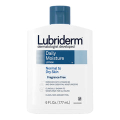 Lubriderm Daily Moisture Lotion fragrance-free hands applying lotion for hydrated skin.