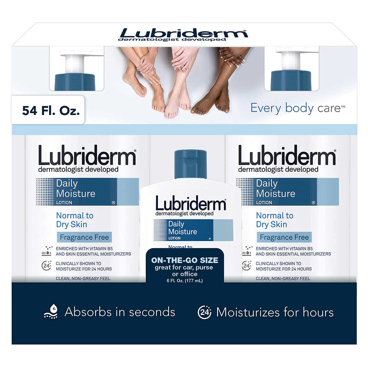 Lubriderm Daily Moisture Lotion fragrance-free bottles for easy daily hydration.