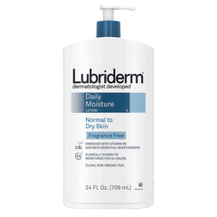 Lubriderm Daily Moisture Lotion fragrance-free label highlights Vitamin B5 and moisturizers.