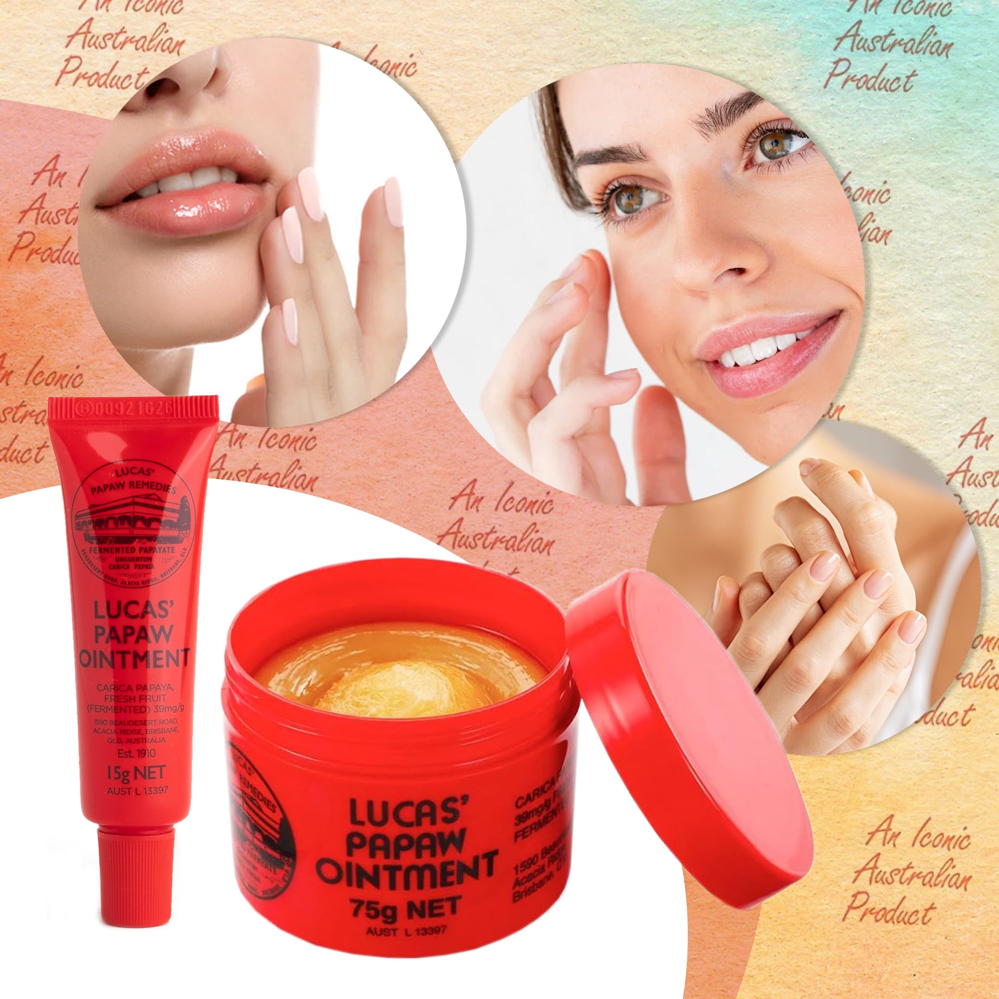 Lucas Papaw ointment applied to dry lips showing hydration and softness.