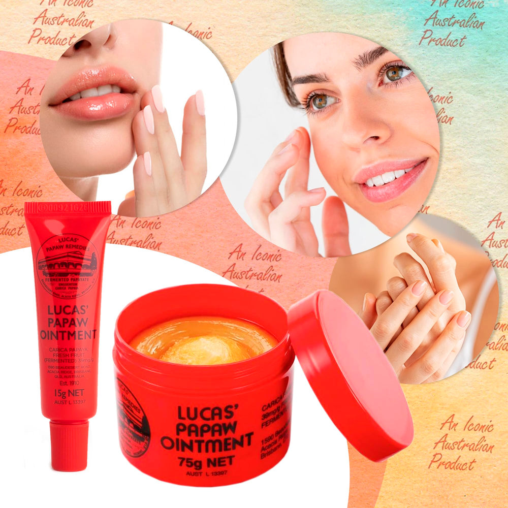 Lucas Papaw ointment applied to dry lips showing hydration and softness.