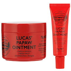 Lucas Papaw lip ointment gift pack (75g and 15g) for versatile lip and skin care.
