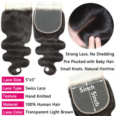 LUCASHA 5x5 lace closure closeup highlights light brown Swiss lace and pre-plucked edges.