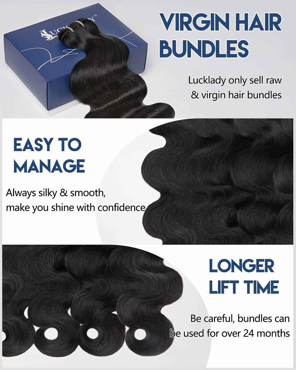 Lucklady raw bundles close-up texture highlights softness, luster, healthy-looking ends