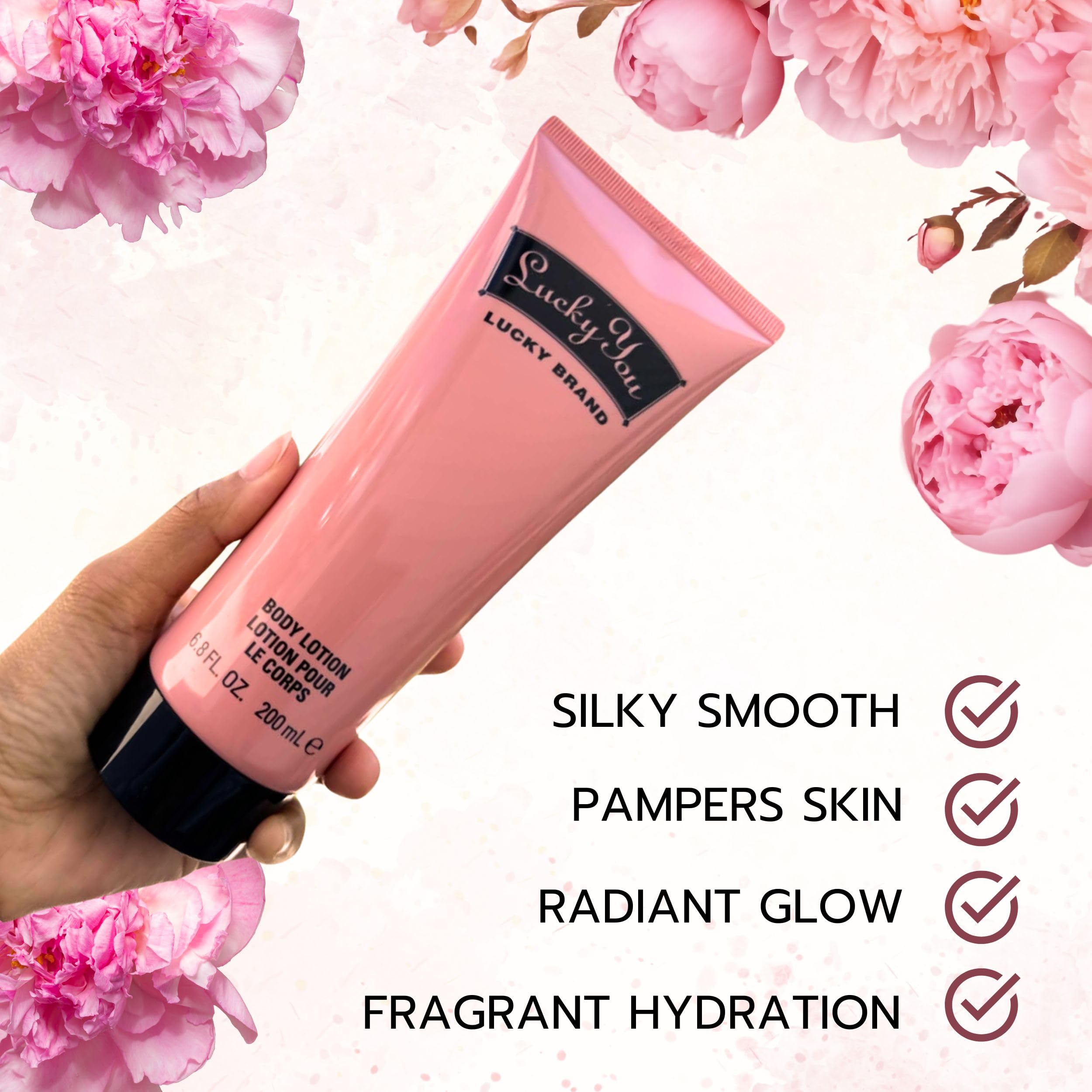 Lucky Brand Lucky You Body Lotion texture closeup shows creamy hydration.