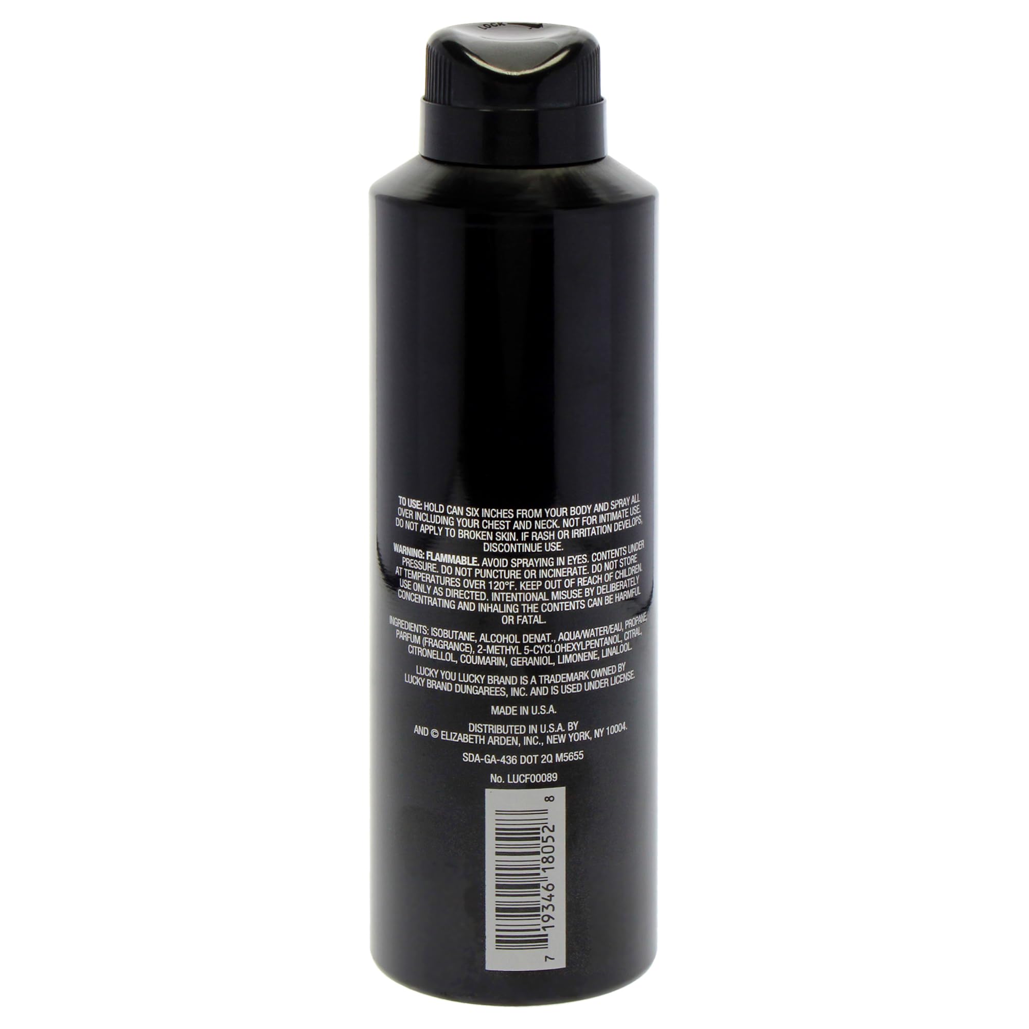 Lucky Brand Lucky You deodorant spray front view emphasizes long-lasting musk and sandalwood notes for confident wear.