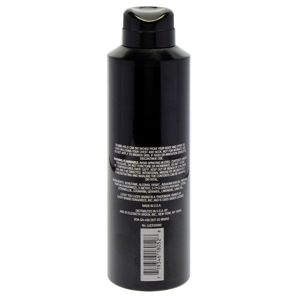 Lucky Brand Lucky You deodorant spray front view emphasizes long-lasting musk and sandalwood notes for confident wear.