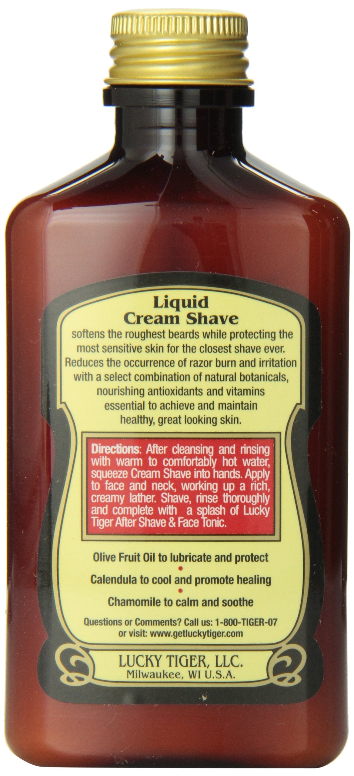 Lucky Tiger Liquid Cream Shave label closeup highlighting olive oil and calendula for nourishing skin