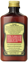 Lucky Tiger Liquid Cream Shave label closeup highlighting olive oil and calendula for nourishing skin