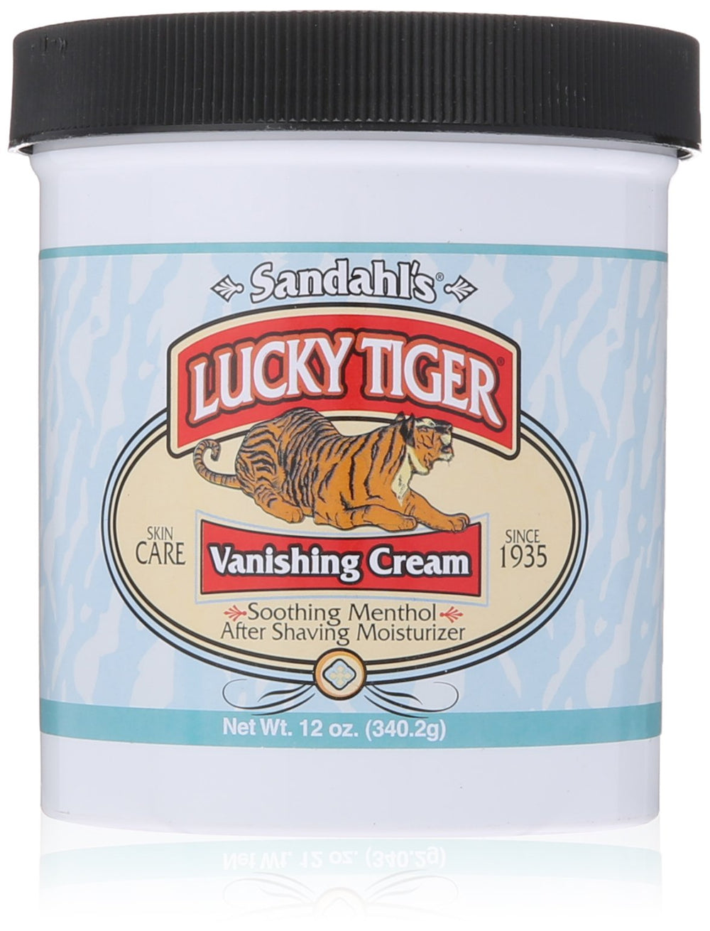 Lucky Tiger Sandahls Vanishing Cream jar close-up demonstrates the cooling post-shave formula.