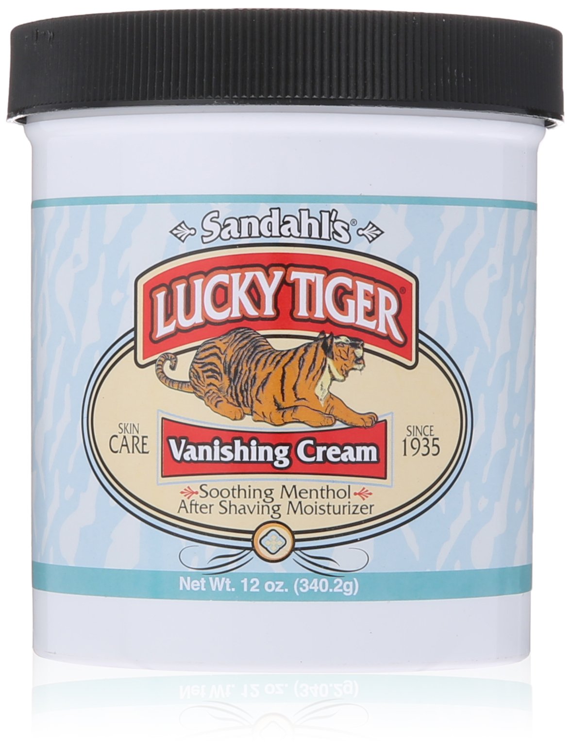 Lucky Tiger Sandahls Vanishing Cream jar close-up demonstrates the cooling post-shave formula.