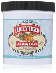 Lucky Tiger Sandahls Vanishing Cream jar close-up demonstrates the cooling post-shave formula.