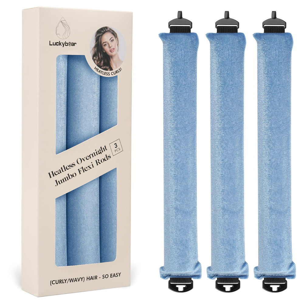 Luckybear overnight heatless curler blue rod set—soft velvet satin for gentle overnight styling.