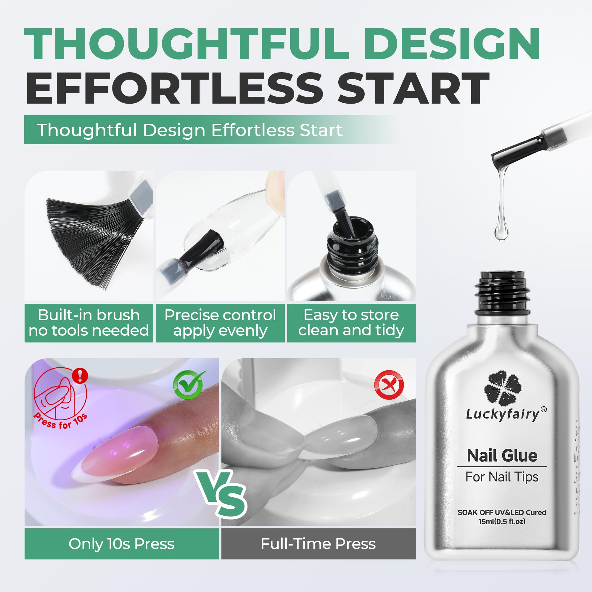 Luckyfairy 2x15ml nail glue bottles demonstrate durable tip adhesion.