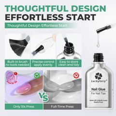 Luckyfairy 2x15ml nail glue bottles demonstrate durable tip adhesion.