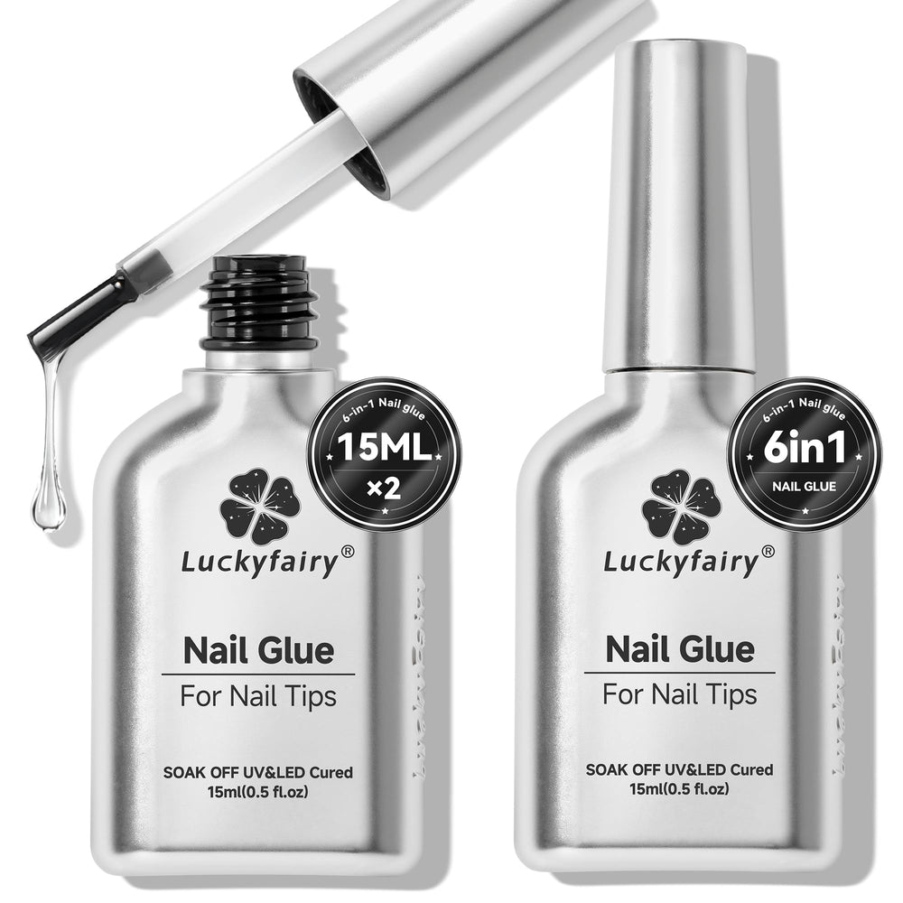 Luckyfairy 6in1 gel nail glue kit packaging, ideal for home manicures.
