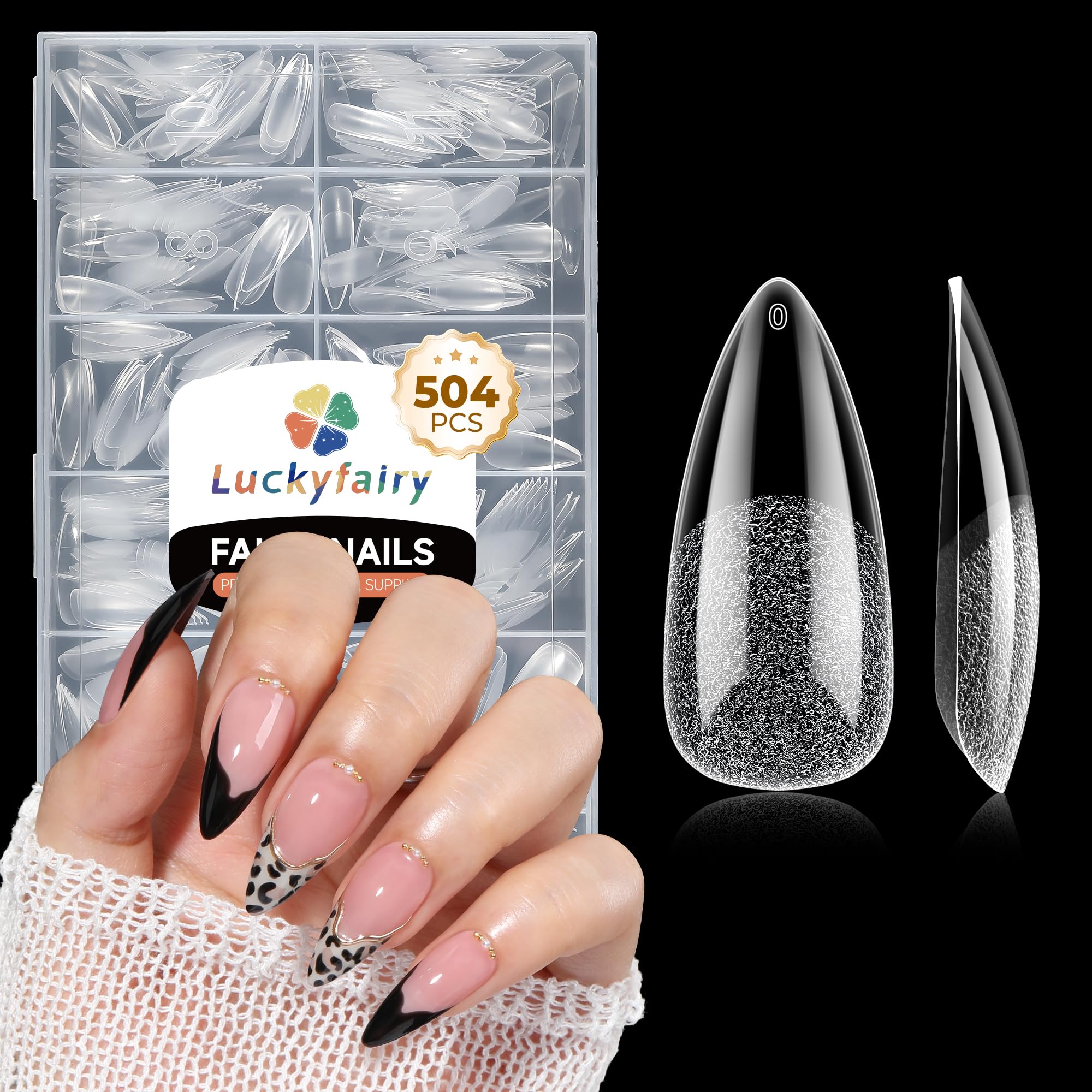 Luckyfairy long almond nail tips box view: organized 504-piece supply for easy at-home nail extensions.