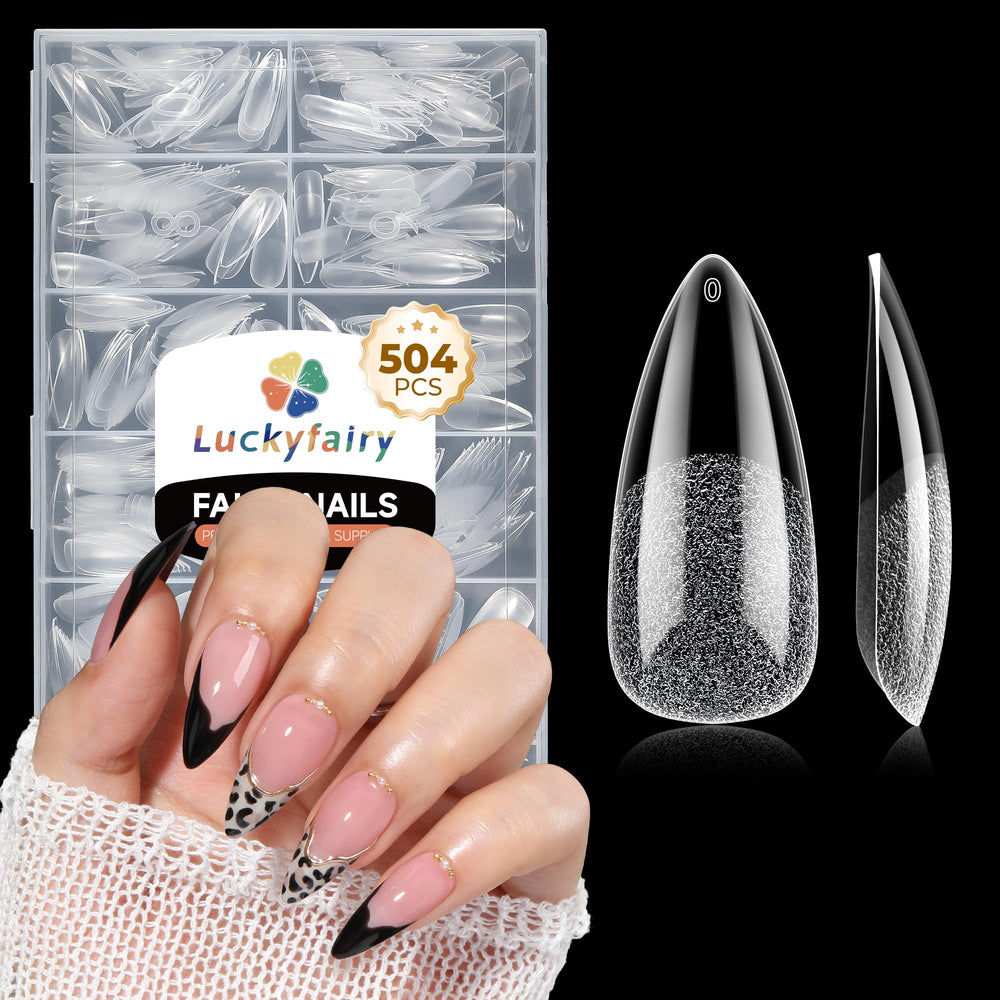 Luckyfairy long almond nail tips box view: organized 504-piece supply for easy at-home nail extensions.
