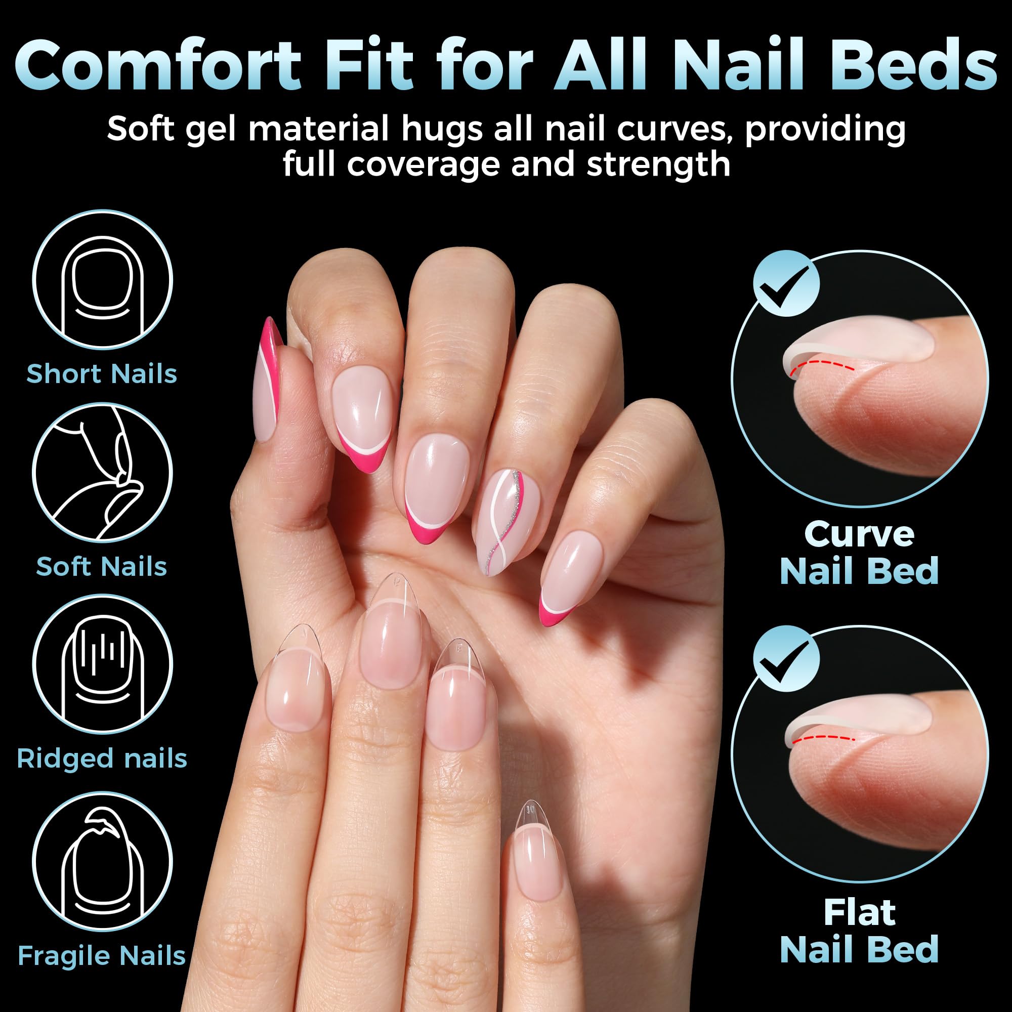 Luckyfairy almond nail tips 12-sizes chart highlights convenient sizing for precise fit