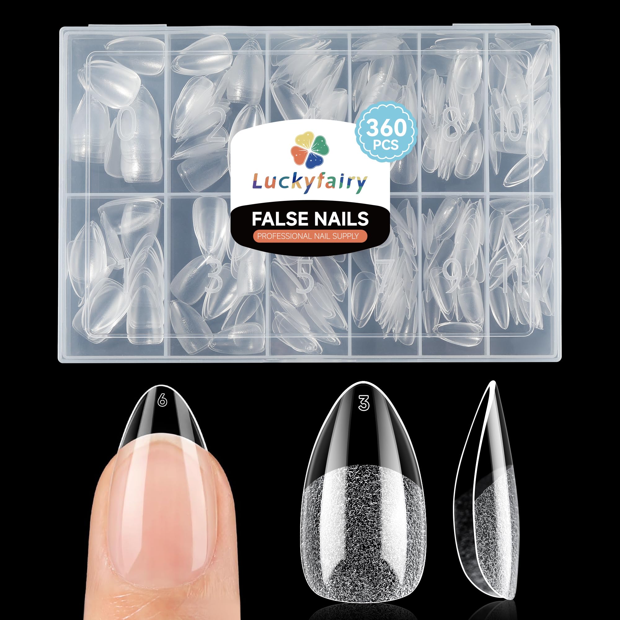 Luckyfairy Short Almond Nail Tips box shows organized packaging for easy size selection