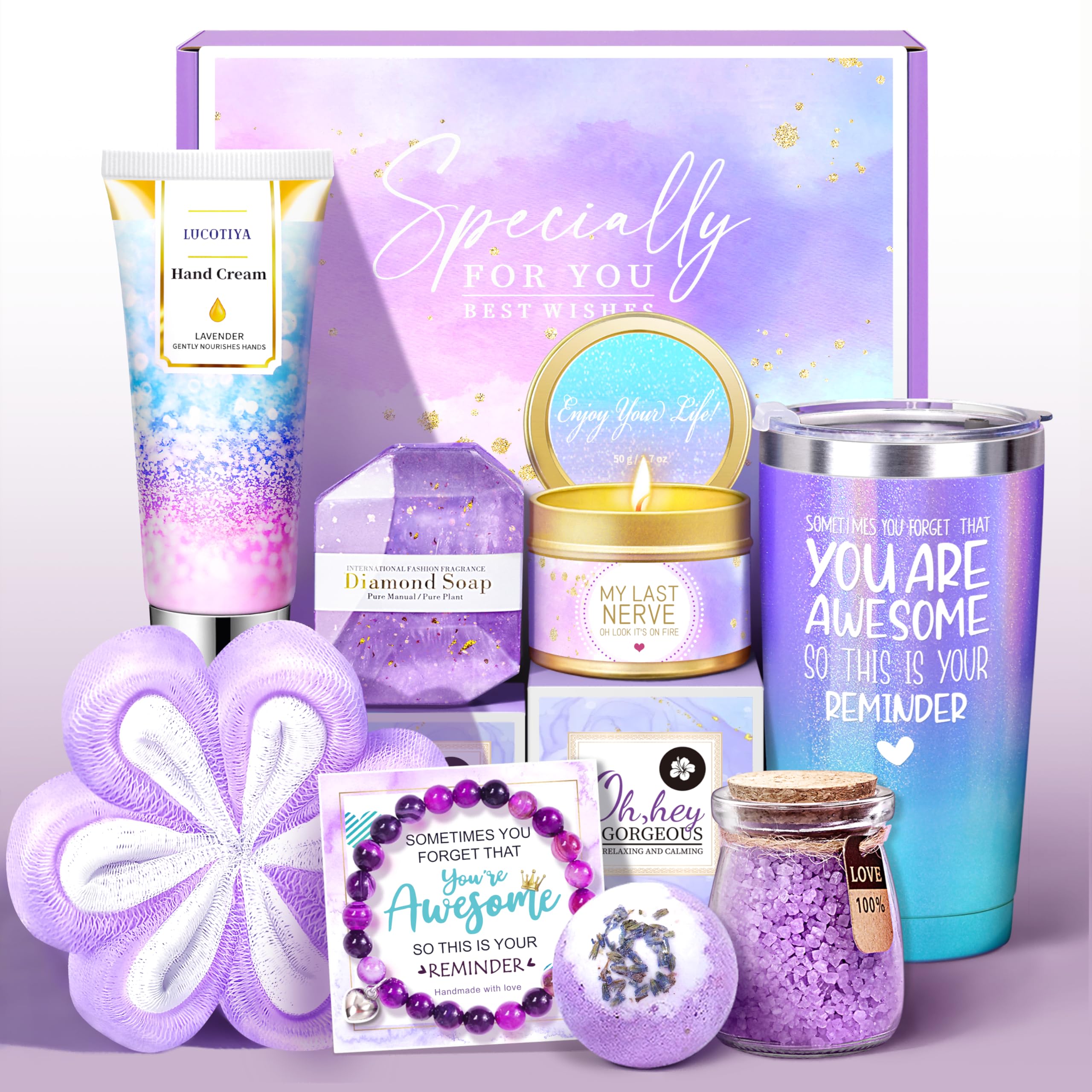LUCOTIYA 9pcs lavender care-package box, elegant gift presentation for birthdays and pampering moments.