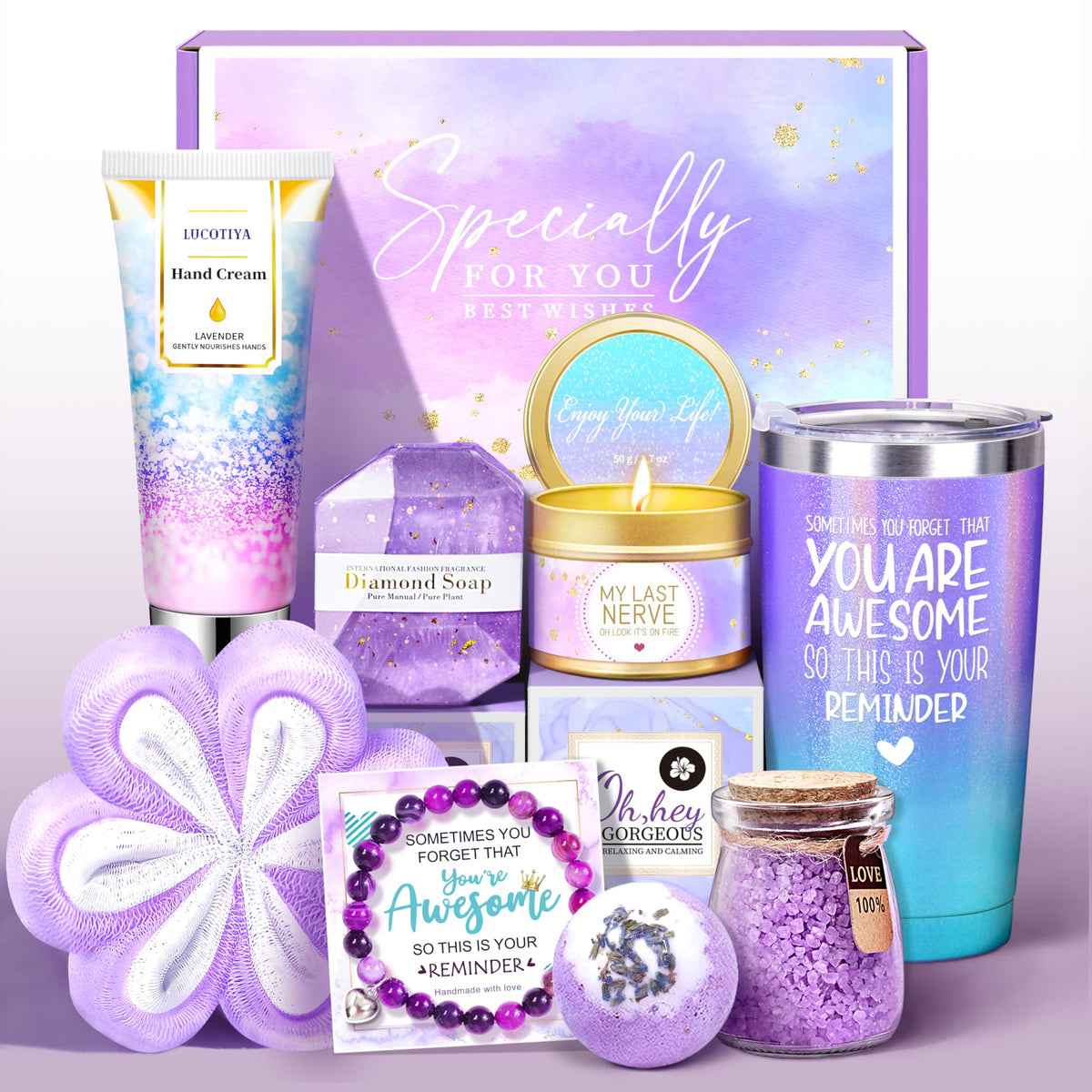 LUCOTIYA 9pcs lavender care-package box, elegant gift presentation for birthdays and pampering moments.