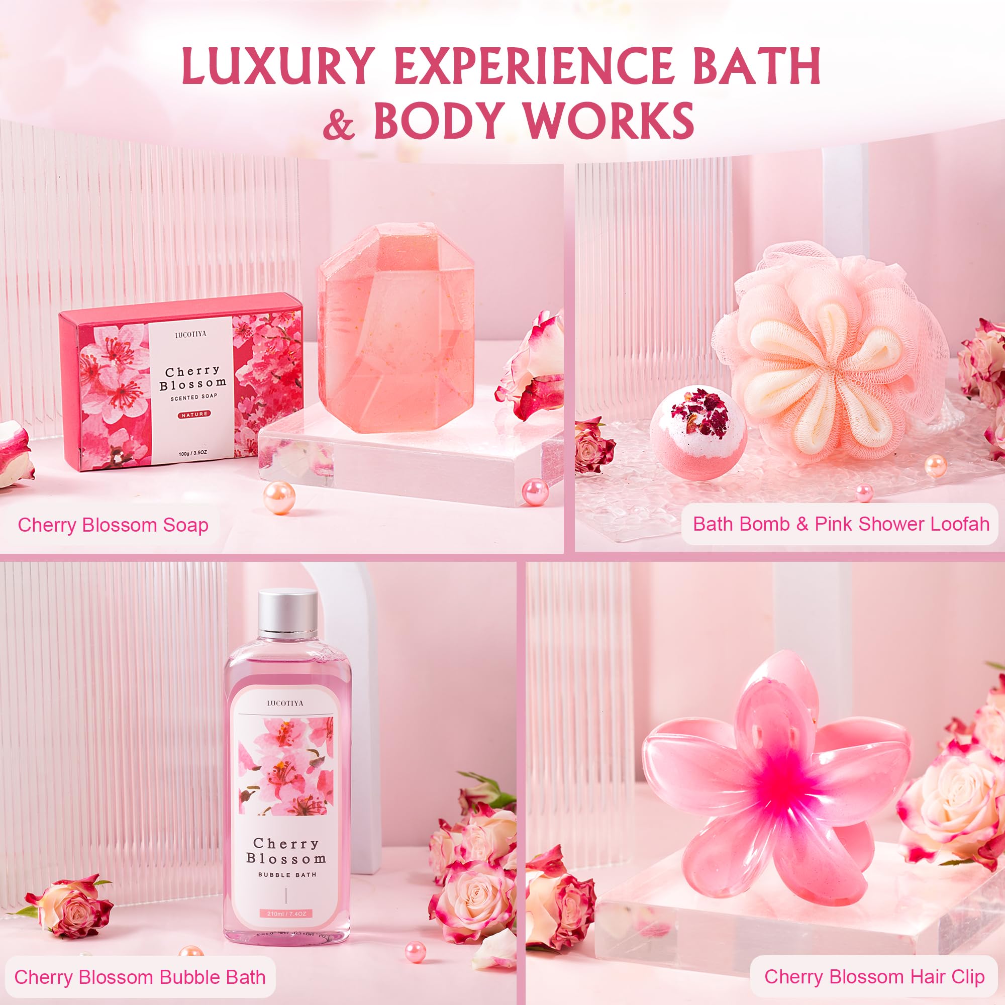 LUCOTIYA cherry-blossoms-aura image evokes calming self-care with cherry blossom scent.