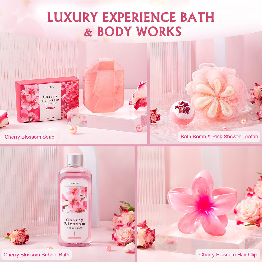 LUCOTIYA cherry-blossoms-aura image evokes calming self-care with cherry blossom scent.