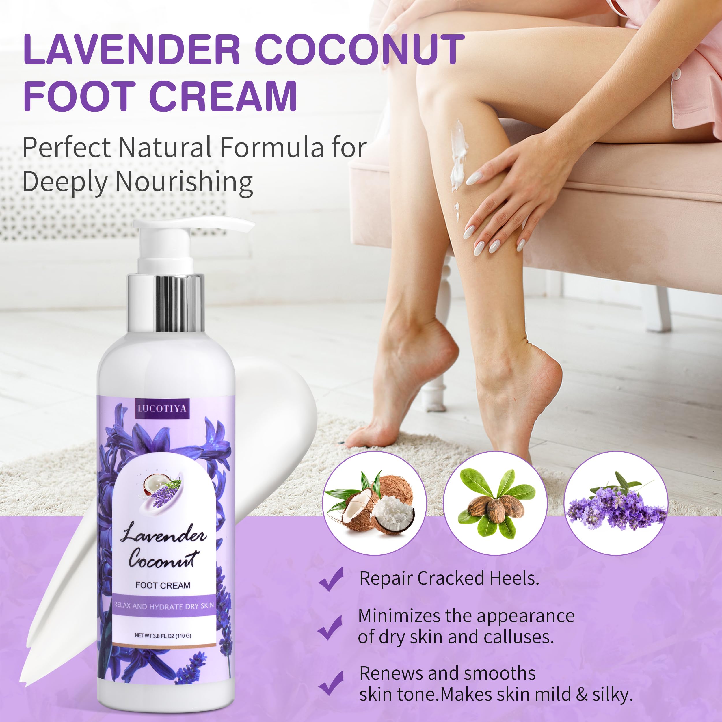 LUCOTIYA Coconut Lavender Foot Soak in action for dry feet relief.