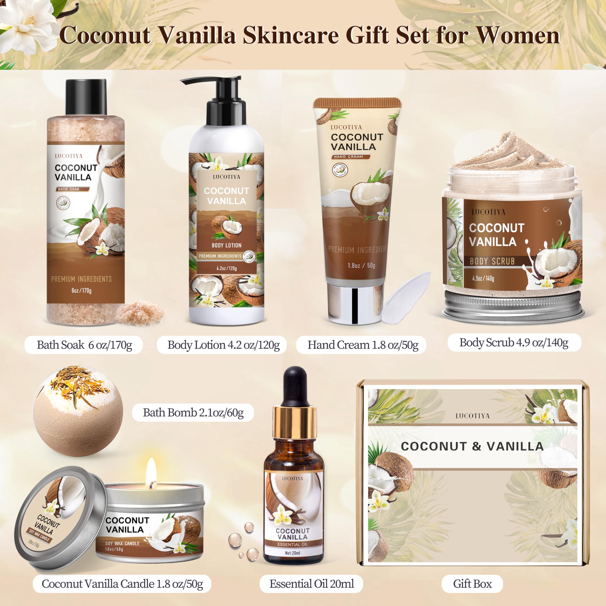 LUCOTIYA Coconut Vanilla body lotion provides light hydration for silky skin.