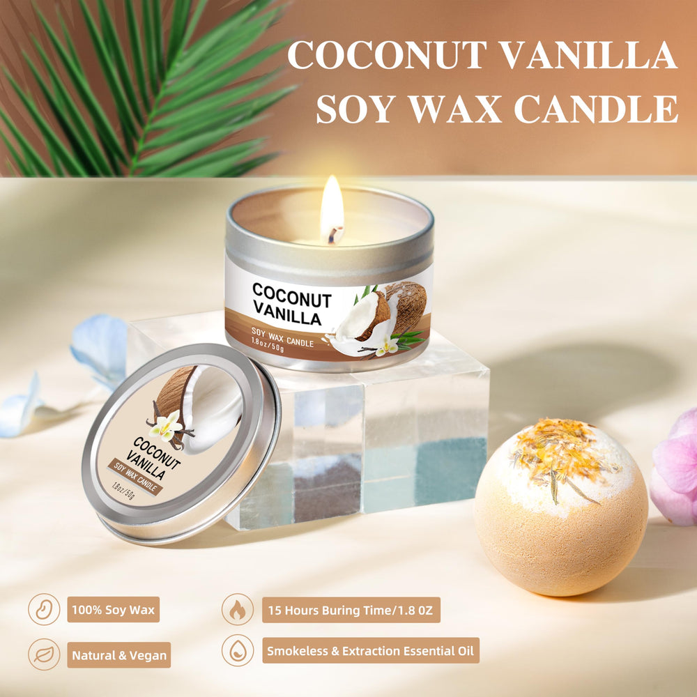 LUCOTIYA Coconut Vanilla candle creating a warm, cozy self-care ambiance.