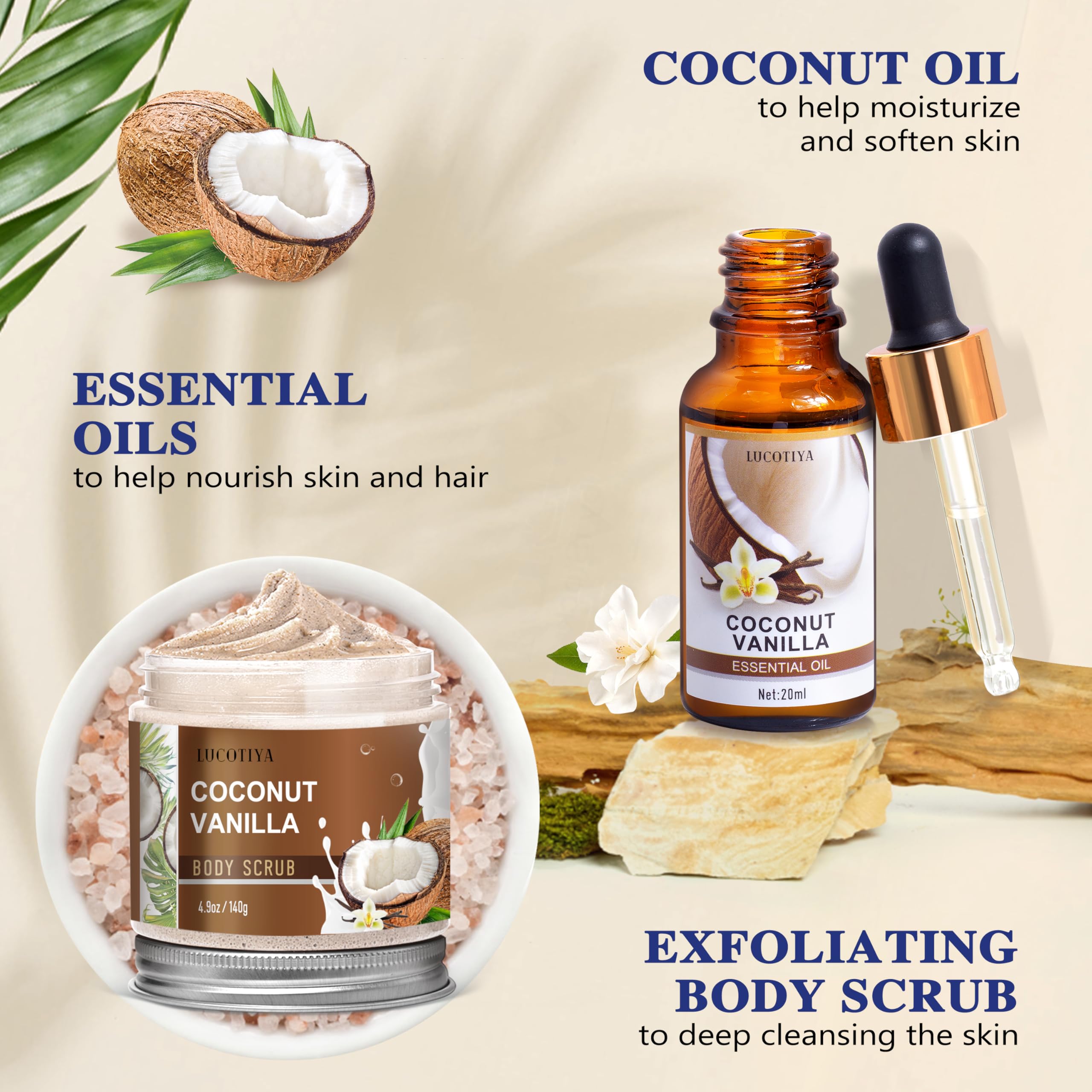 LUCOTIYA Coconut Vanilla essential oil for aroma-enhanced relaxation.