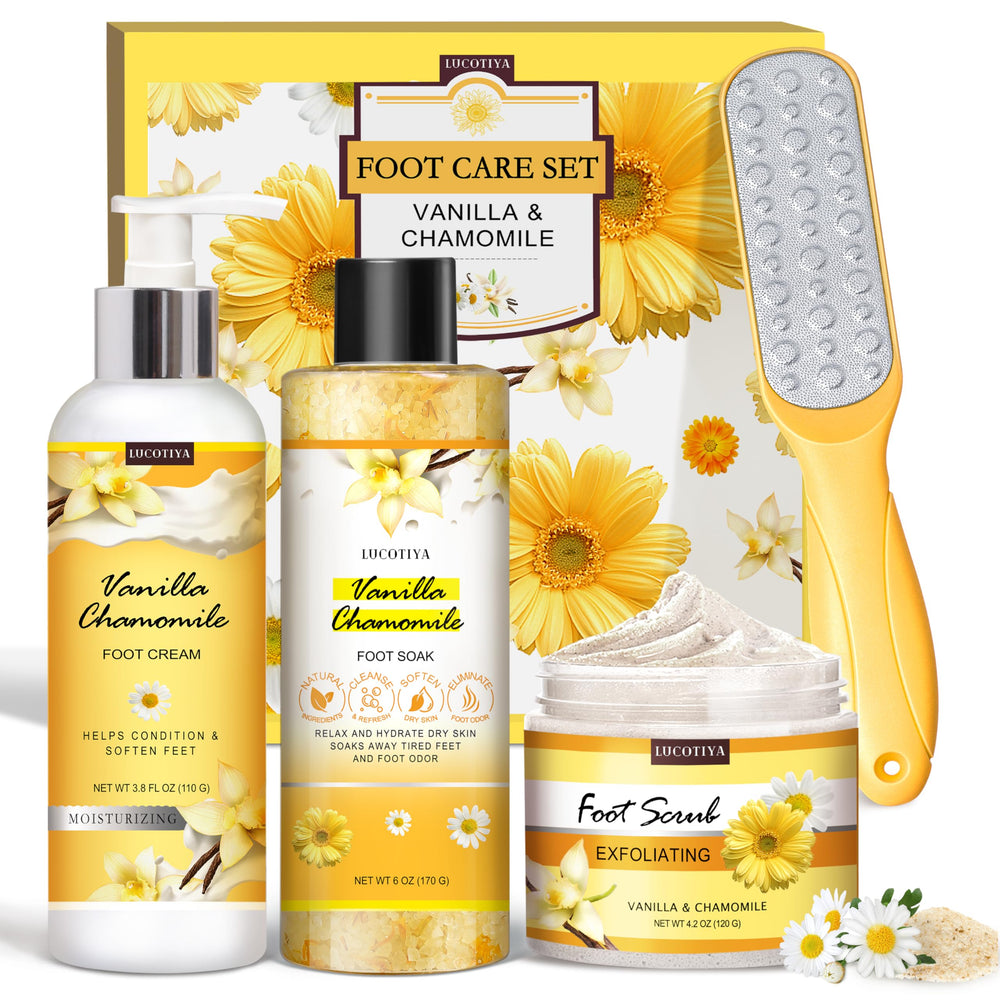 LUCOTIYA foot soak set vanilla chamomile salts for relaxing pedicure routine