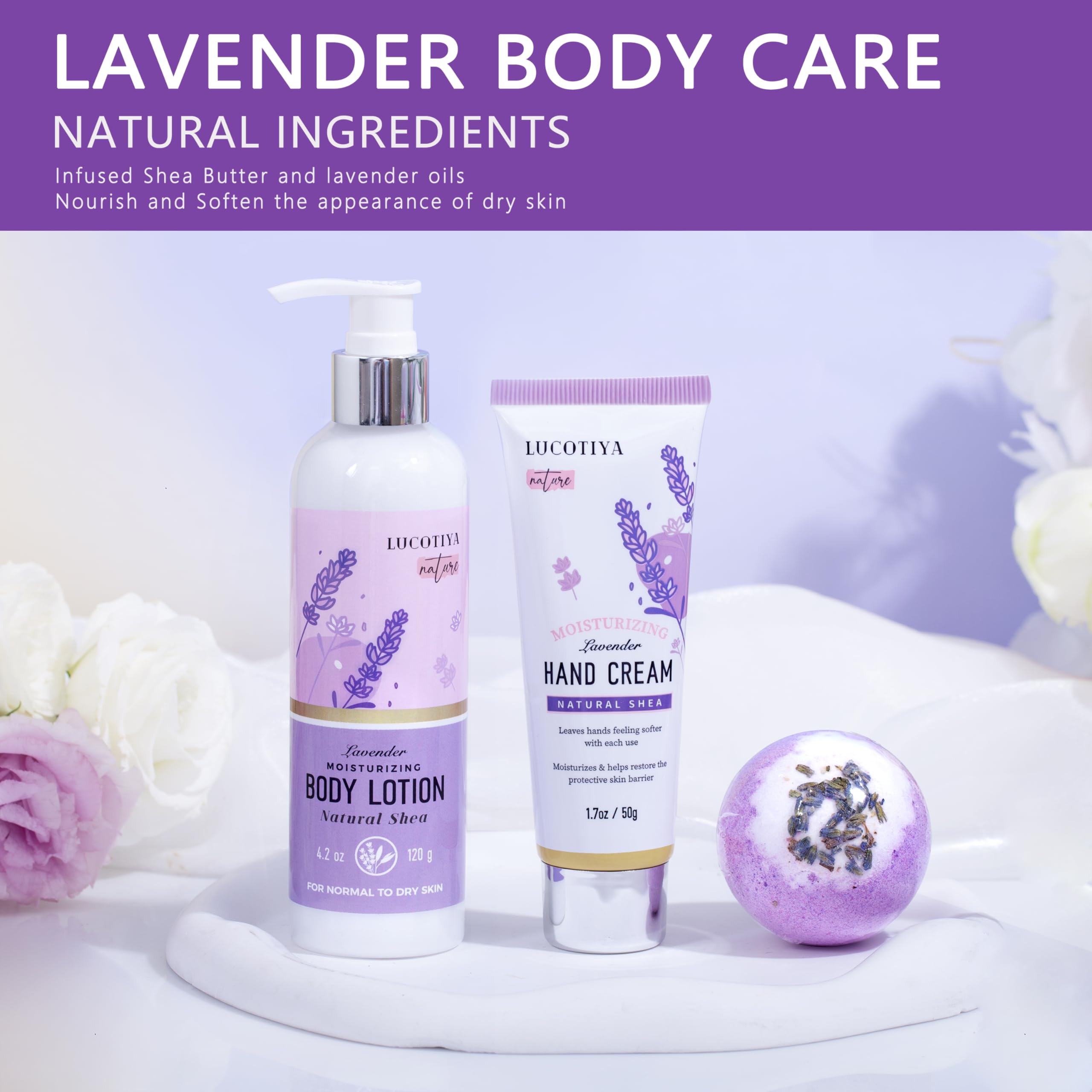 Lucotiya Lavender Spa Gift Set bath bomb fizzing in water for relaxation