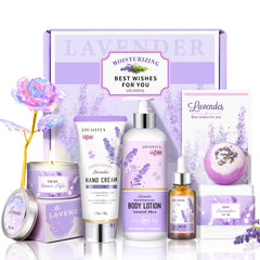 Lucotiya Lavender Spa Gift Set body lotion shown, hydrates dry skin and invites calm