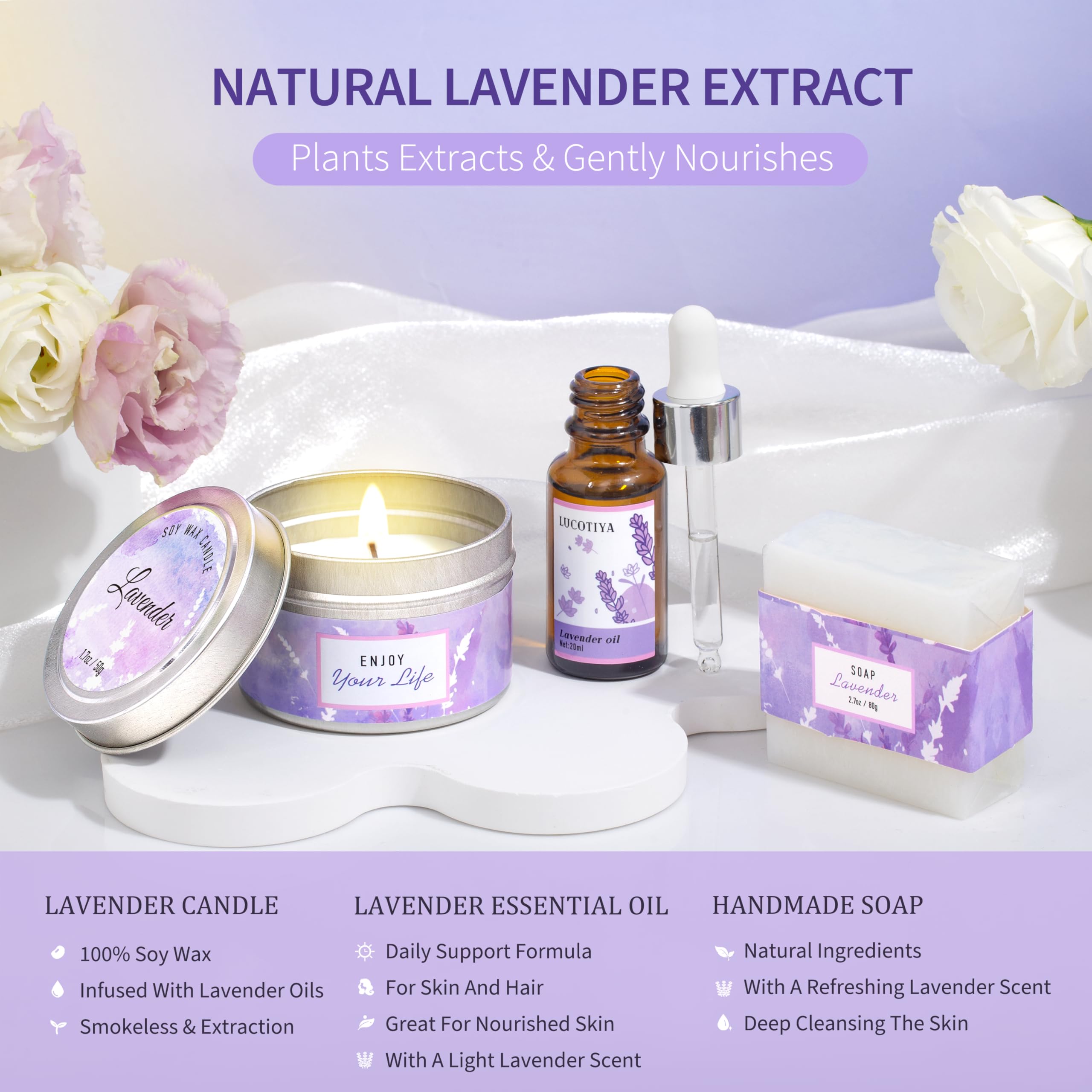 Lucotiya Lavender Spa Gift Set lavender candle creating a tranquil mood