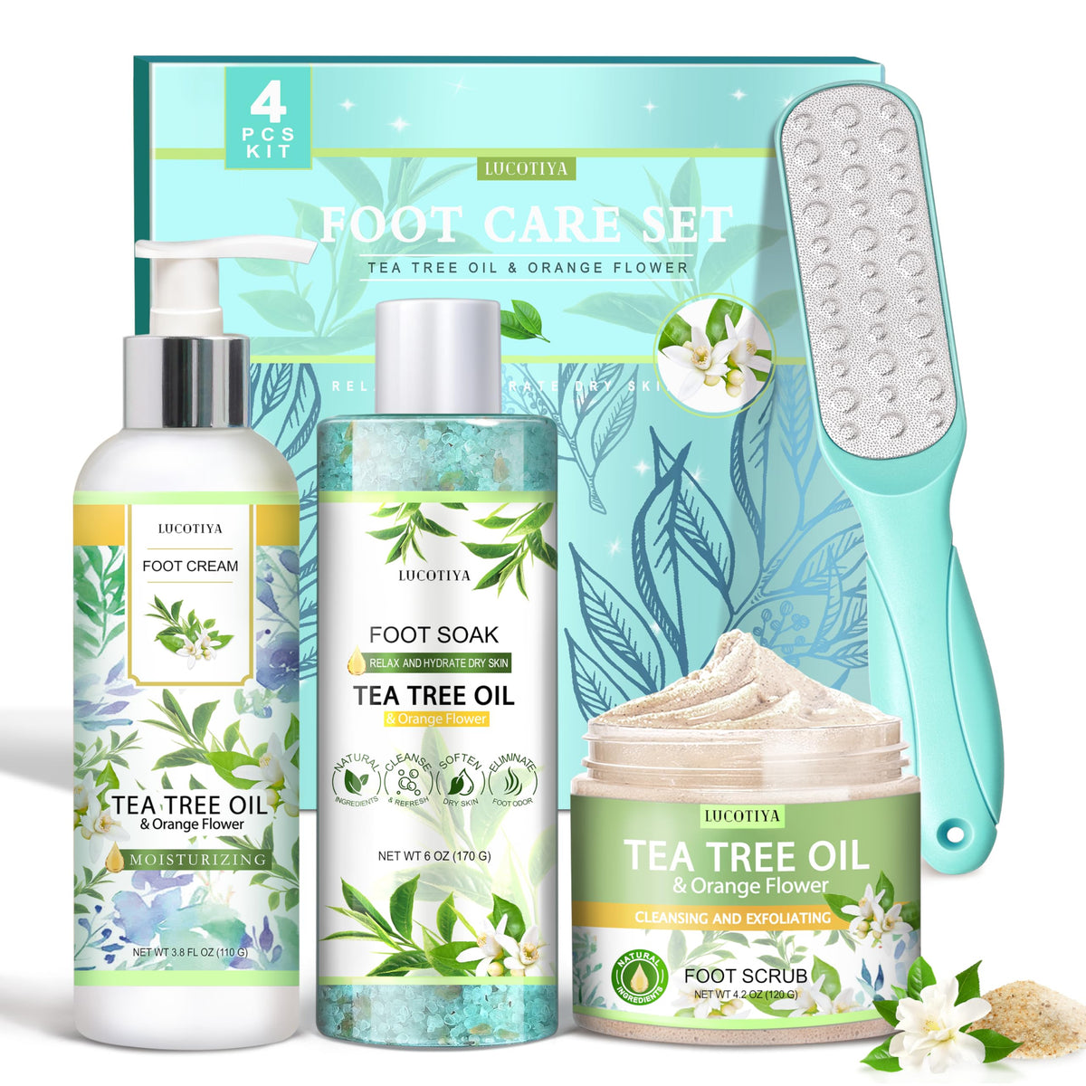LUCOTIYA Tea Tree Orange Foot Soak Set salts for soothing, softening feet.