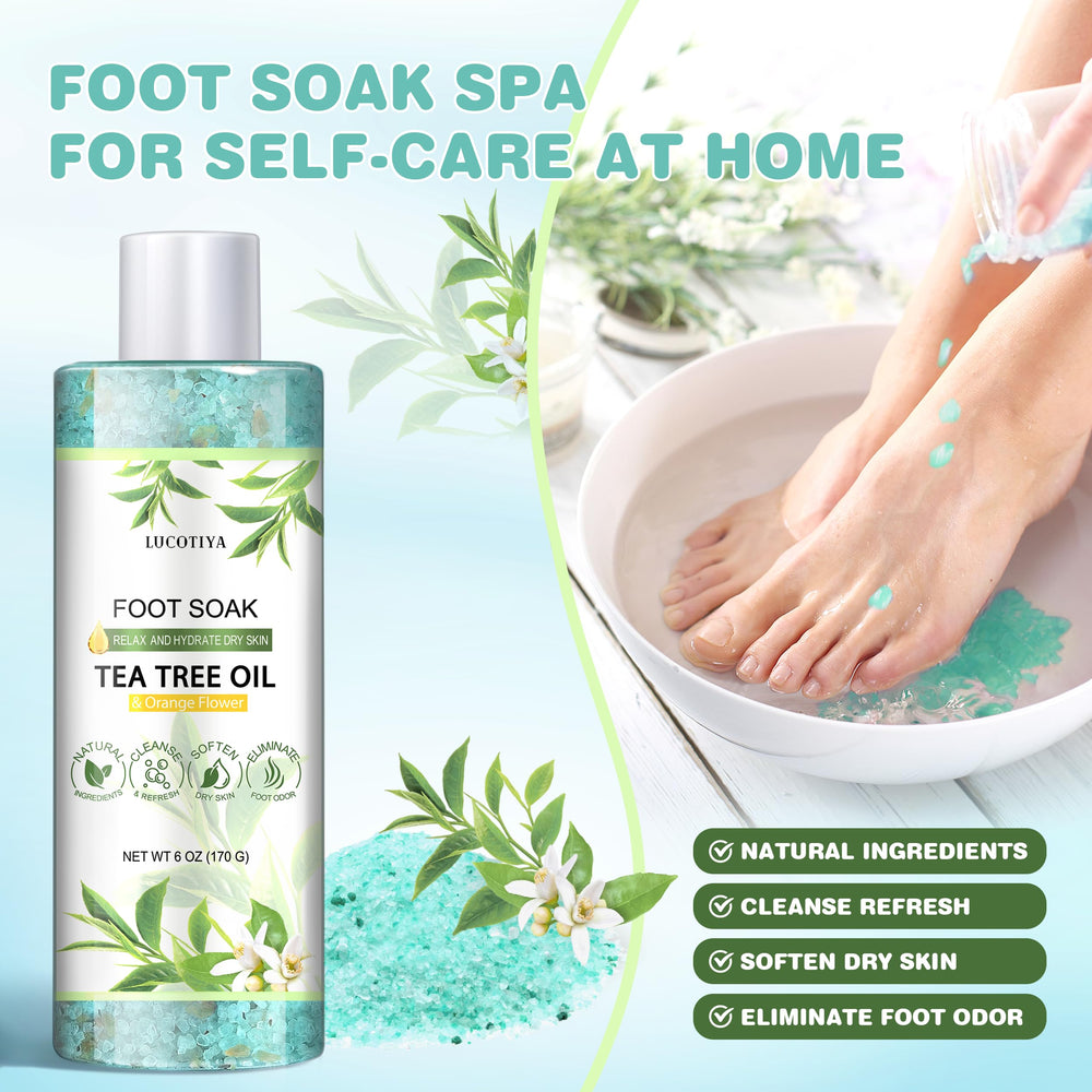 LUCOTIYA Tea Tree Orange Foot Soak Set scrub exfoliates gently for smoother skin.
