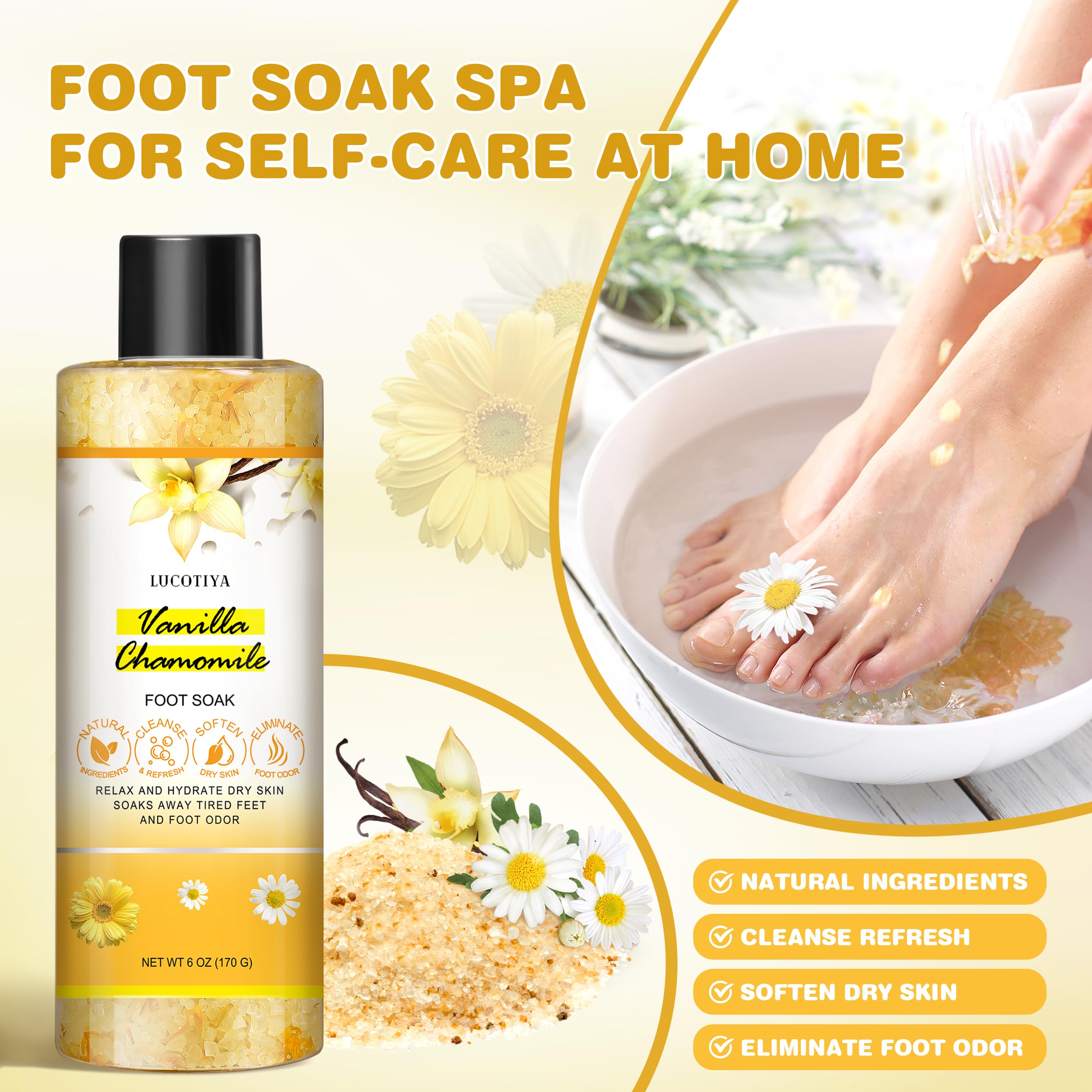 LUCOTIYA vanilla chamomile foot soak bottle for hydrating foot soak
