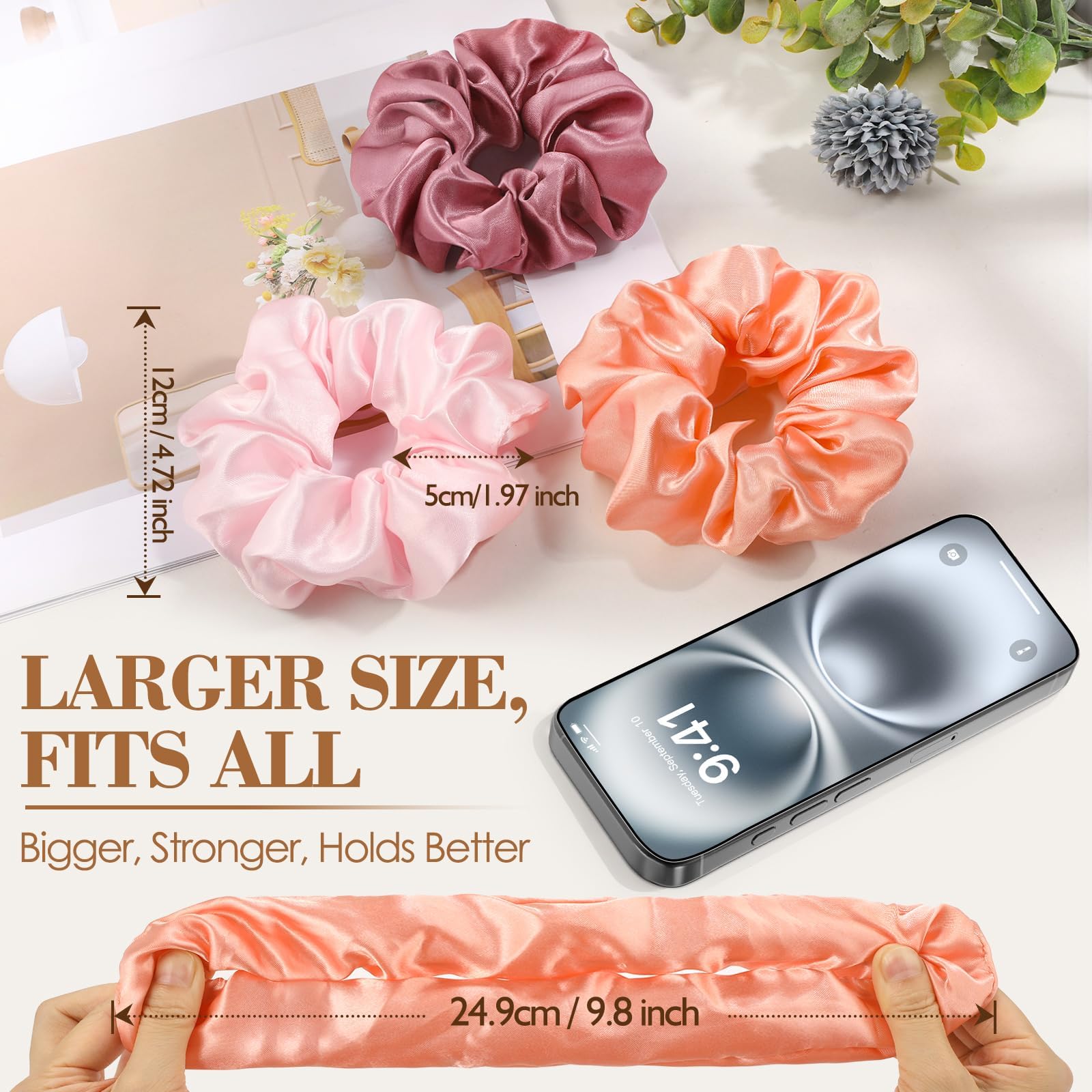 LUDILO silk satin scrunchies stretch to secure hair without slipping.