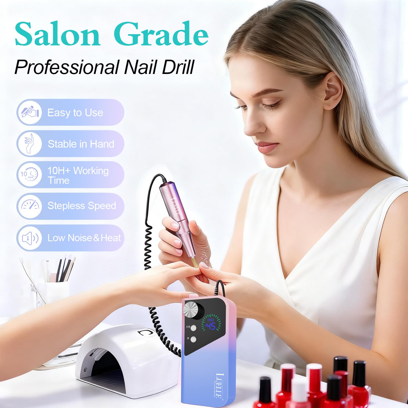 LUELLE cordless nail file with LCD display enables convenient on-the-go grooming