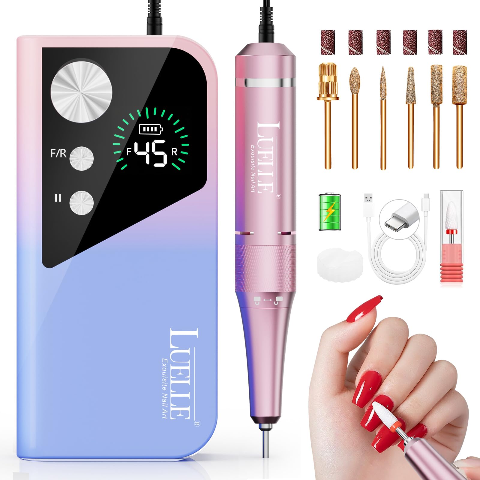 LUELLE electric nail drill 45000rpm front view for precise acrylic shaping